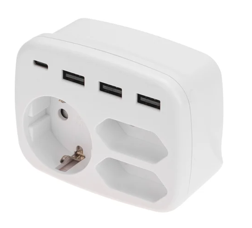 Тройник электрический 16А с/з + 2х2,5А + 3хUSB-A 2,4А + USB Type-C 3А, белый REXANT